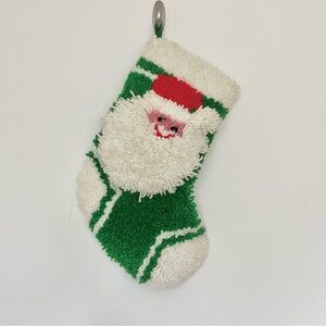 Handmade Latch Hook Rug Festive Santa Claus Christmas Stocking Green White VTG